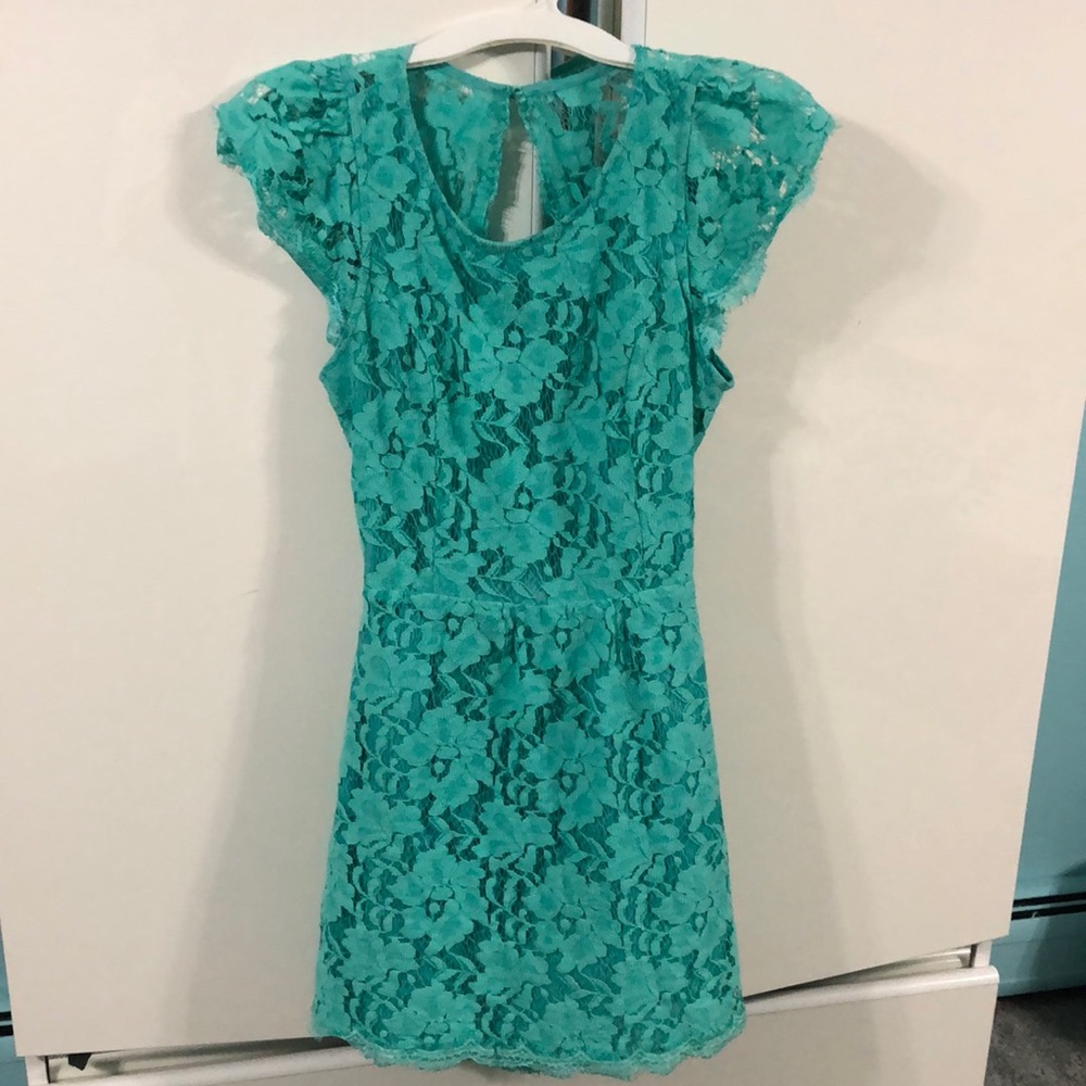 Turquoise mini lace dress from Pink Lily boutique